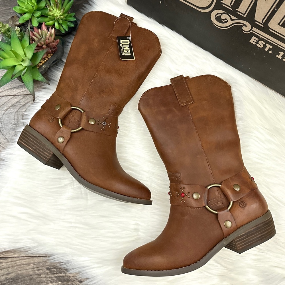 NIB Dingo Dan Post Madre Western Boots Harness Studs Cognac Leather